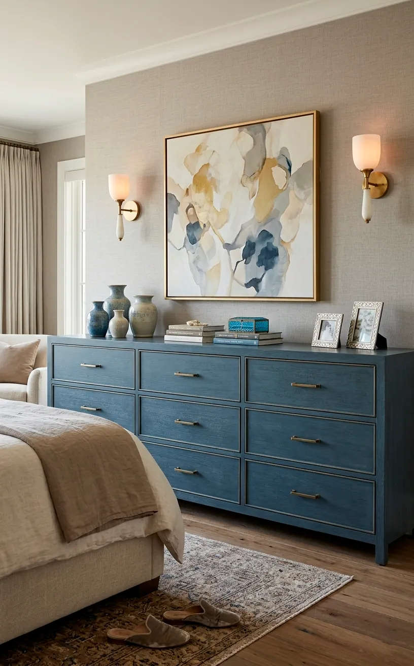 Large 9-drawer executive blue dresser in a luxury master bedroom.