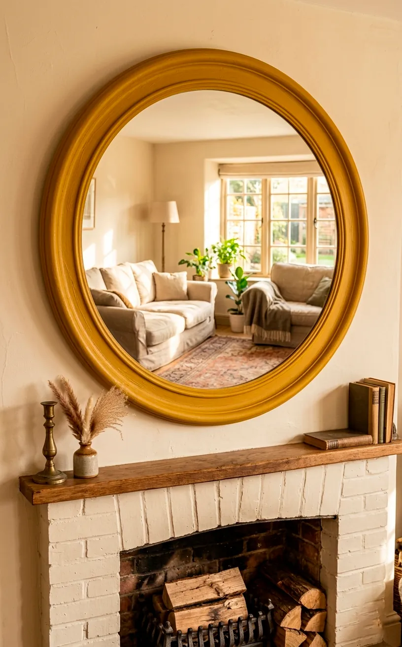 Round mirror with a mustard yellow frame above a fireplace.