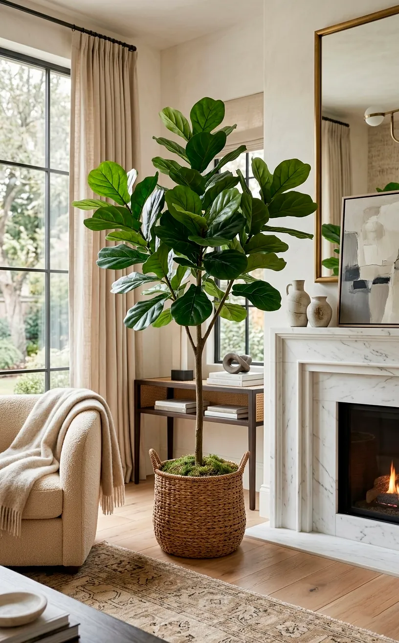 A realistic artificial 7-foot Fiddle Leaf Fig tree in a woven basket next to a fireplace.
