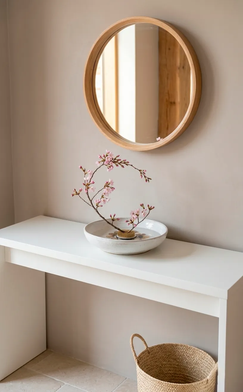 Ikebana floral arrangement with a cherry blossom branch in a white bowl on a console.