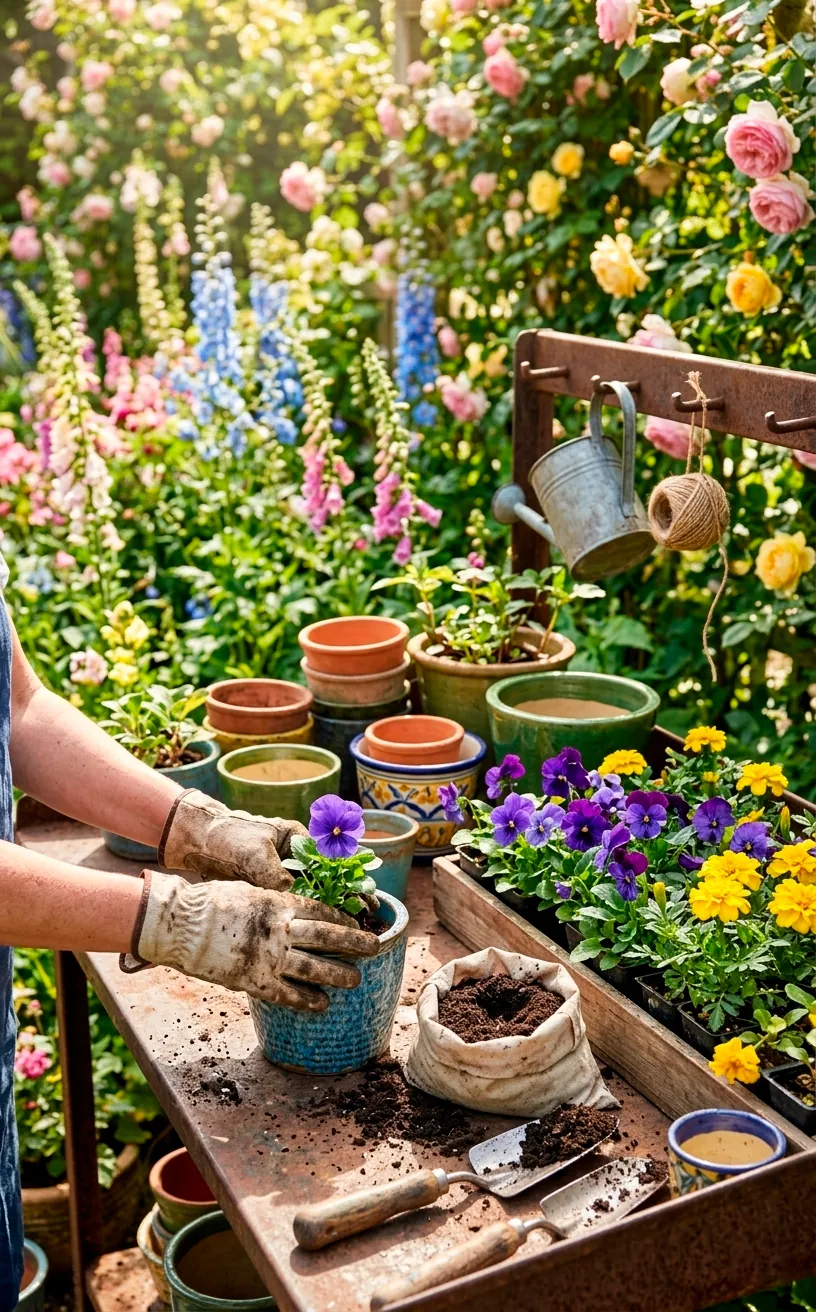 Garden potting station with ceramic pots and vibrant pansies for a Mother's Day activity.