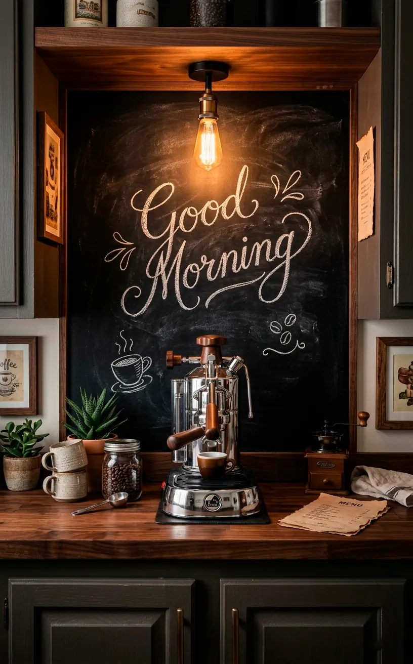 Coffee bar with dark walnut wood and a chalkboard backsplash for notes.