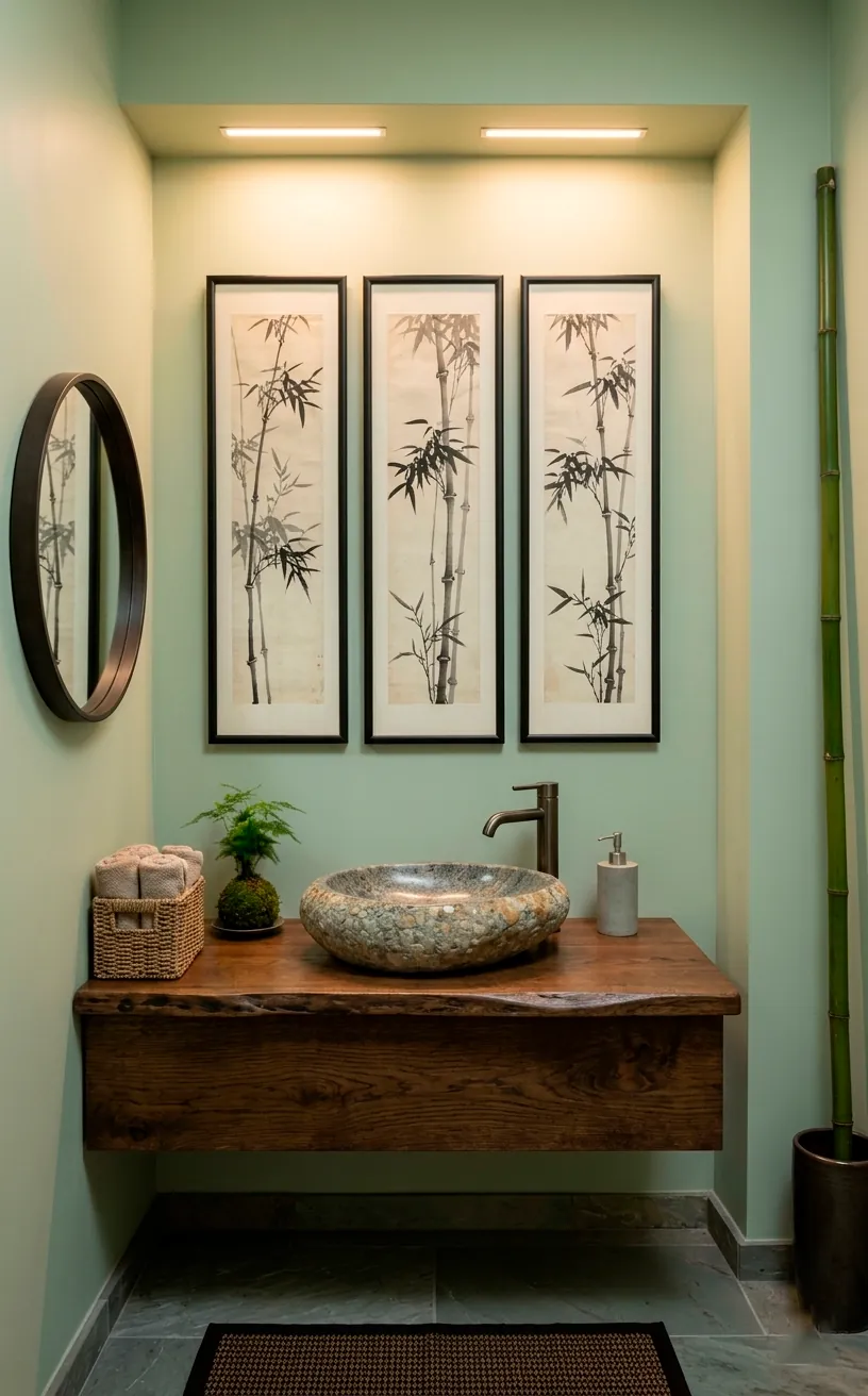 Bamboo ink wash prints in a Zen-style green powder room.