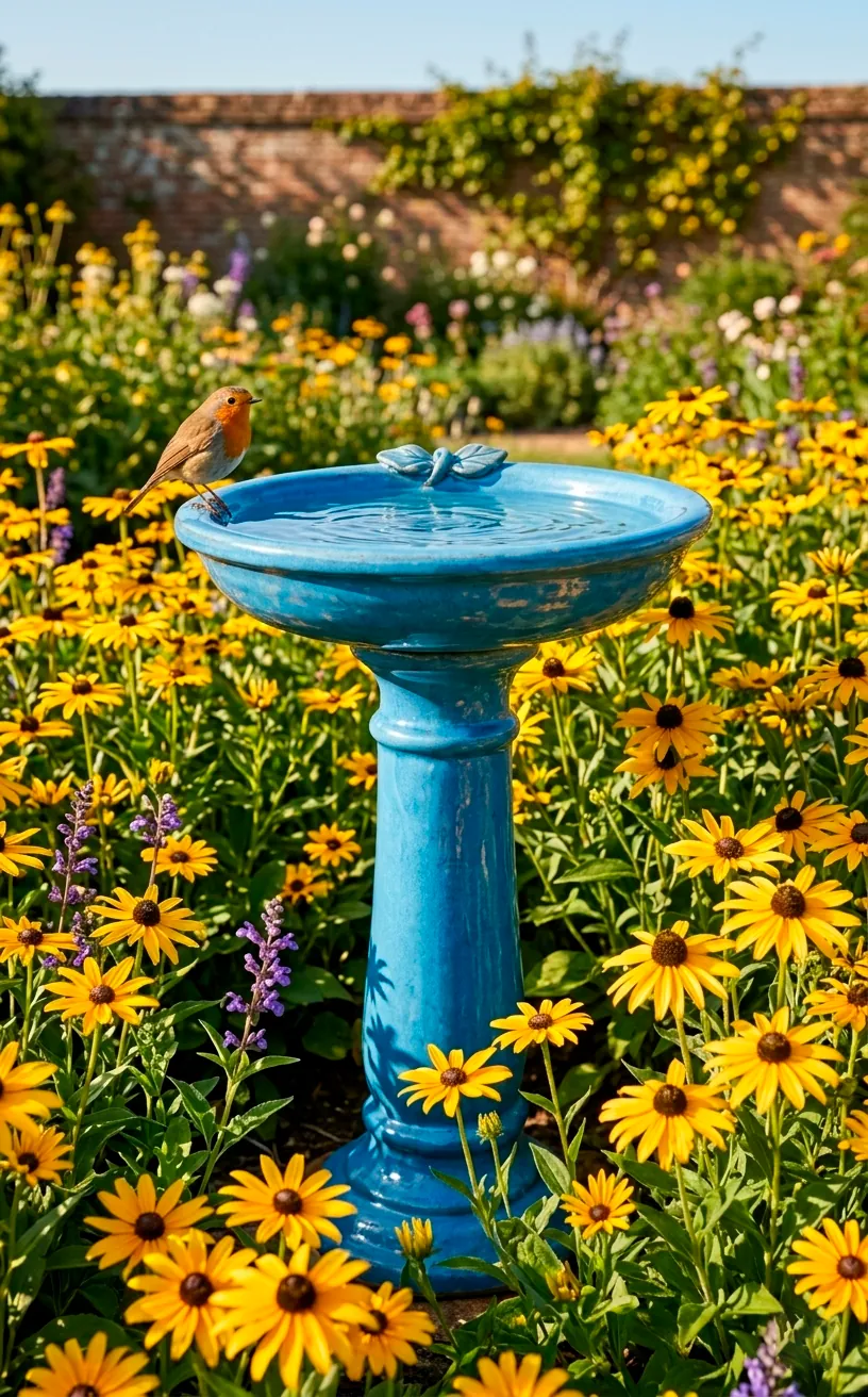 Sky blue ceramic pedestal birdbath in a sunny flower garden.