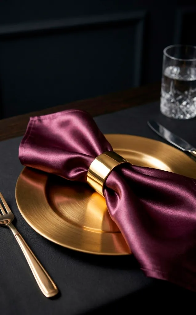 Plum silk napkin with a polished gold napkin ring on a gold charger.