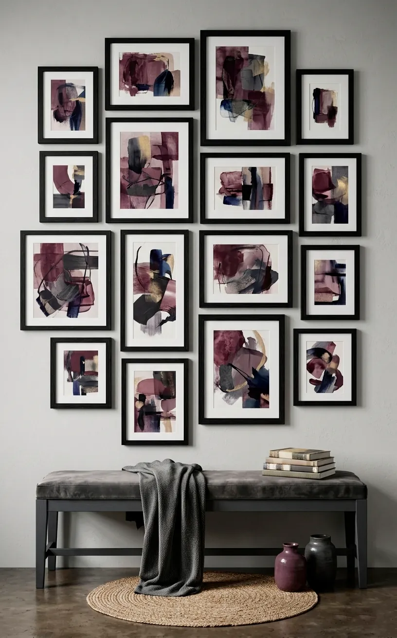 Gallery wall with plum and charcoal abstract art prints.