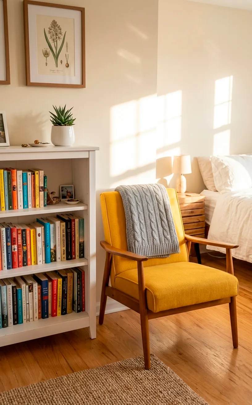 Mustard yellow mid-century modern accent chair in a bright bedroom corner.