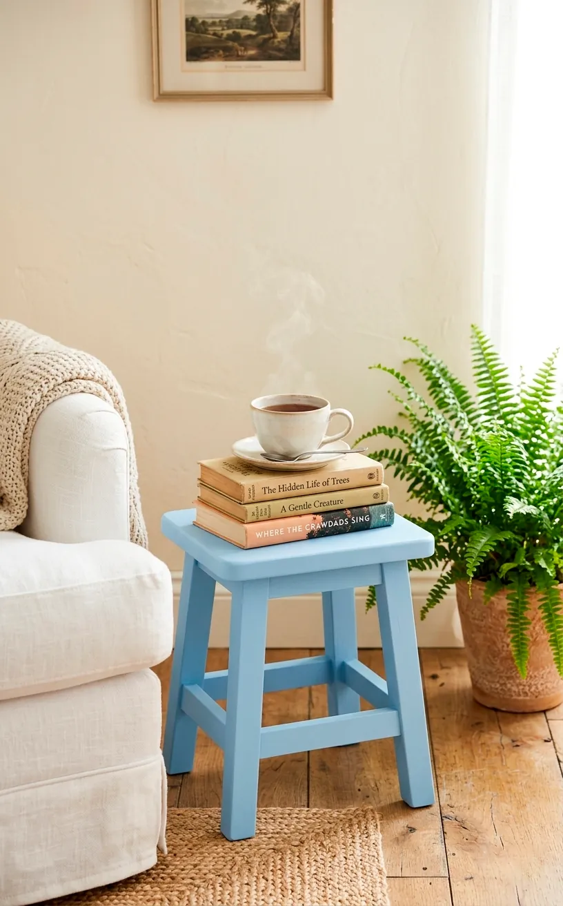 Matte pastel blue painted wooden stool used as a side table in a reading nook.