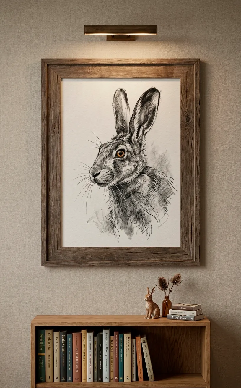 Framed charcoal hare sketch wall art in a rustic oak frame.