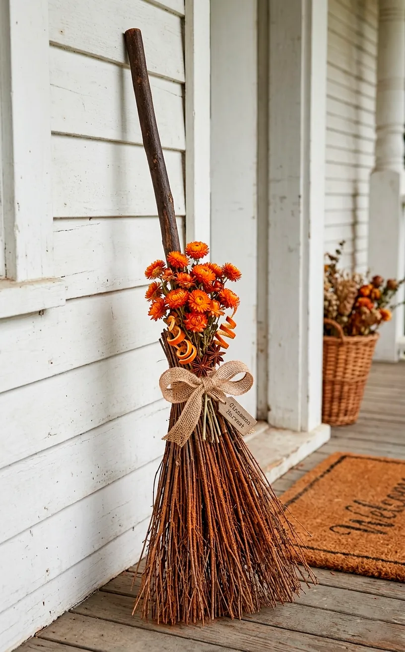 Cinnamon-scented decorative broom with orange flowers on a porch.