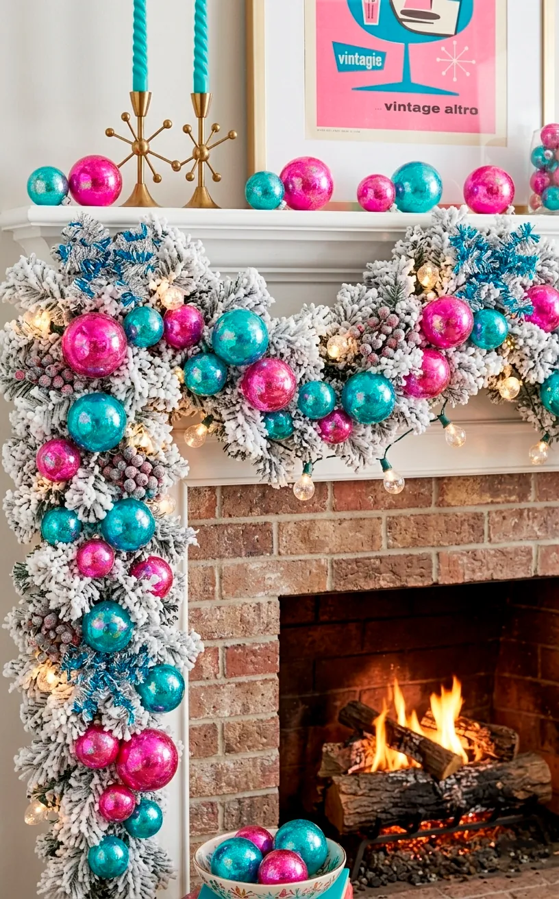 Heavily flocked white pine garland with colorful ornaments on a fireplace.