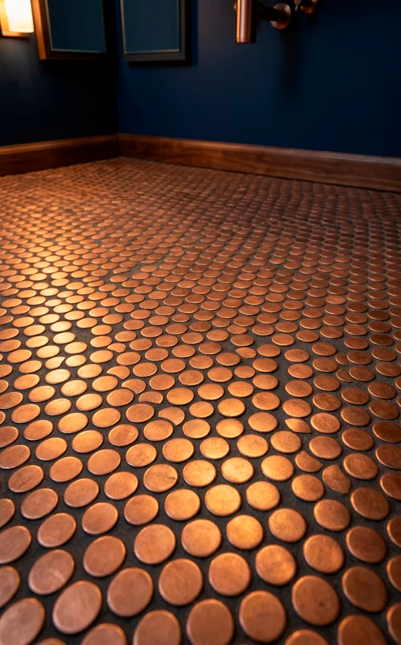 Matte copper penny tile bathroom floor against a dark navy blue wall.