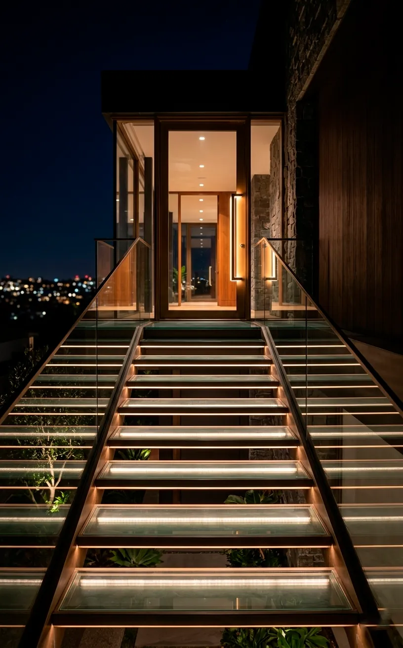 Glow-in-the-dark glass entryway with integrated warm LED lighting strips.