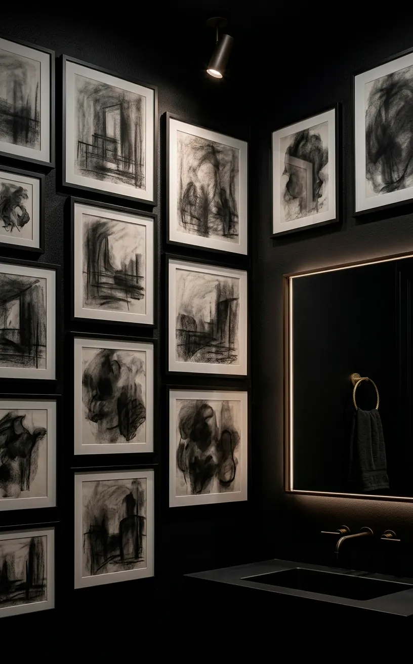 Gallery wall with moody art prints in a black powder room.