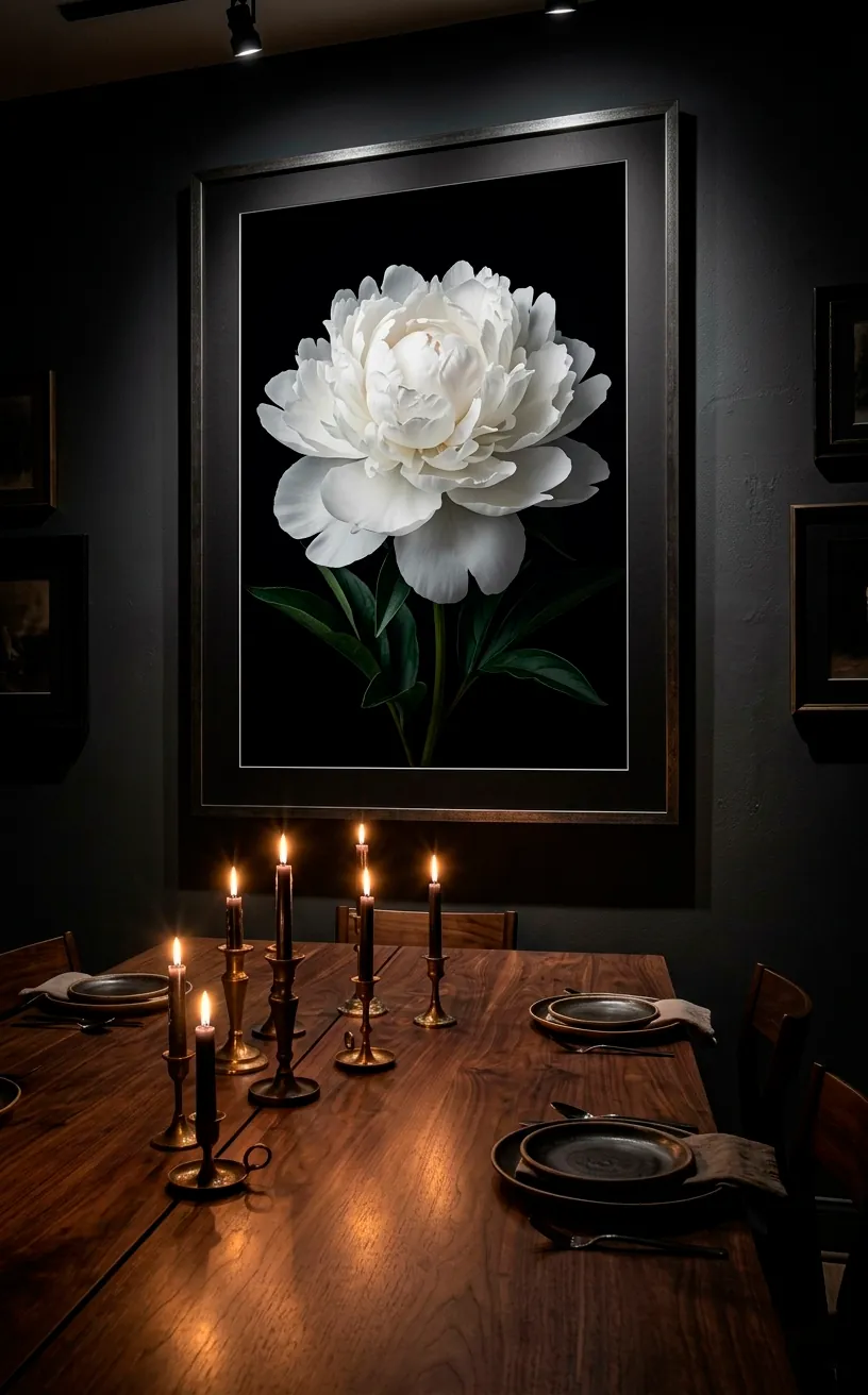 Large-scale HD peony photograph with a black background in a moody dining room.