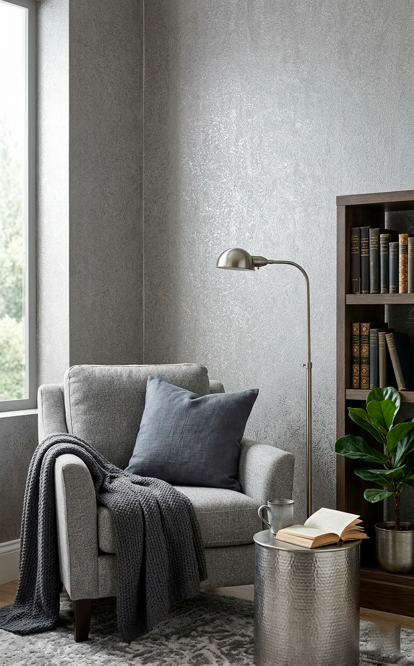 Elegant reading nook with textured silver wallpaper and grey armchair.