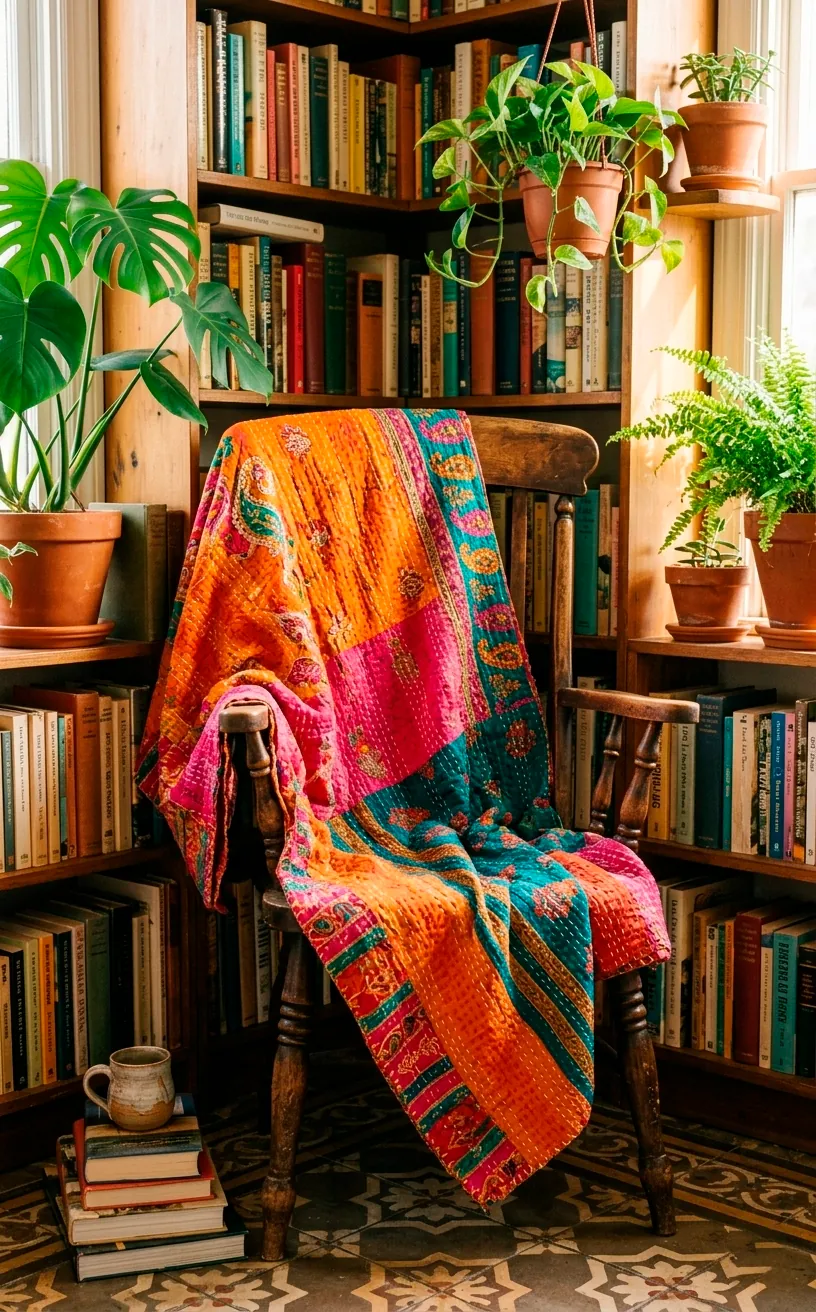 Vibrant Kantha quilt with hand-stitching draped over a vintage wooden chair.