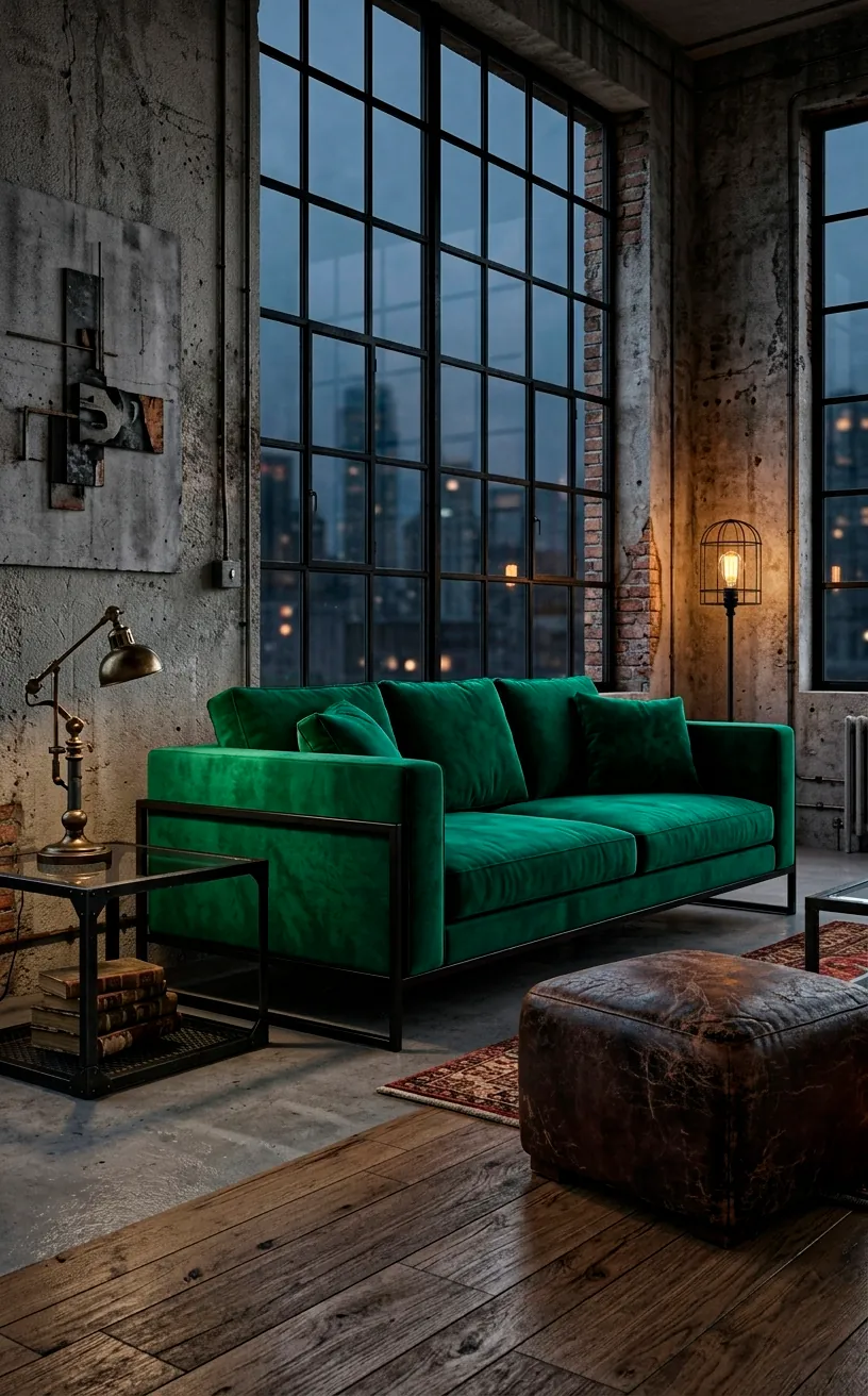 An industrial emerald velvet sofa with an iron frame against a raw concrete wall.