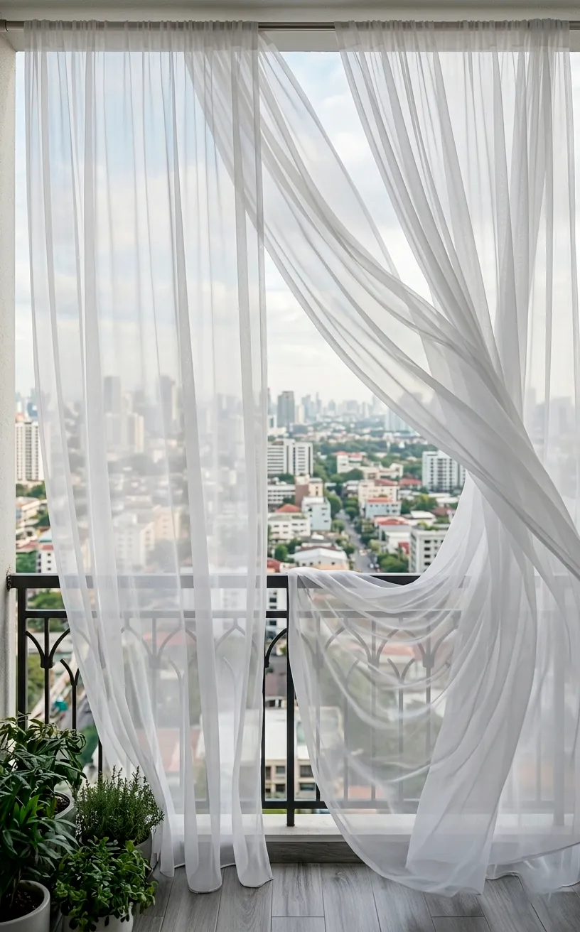 Sheer white outdoor curtains blowing in the breeze on a romantic apartment balcony.