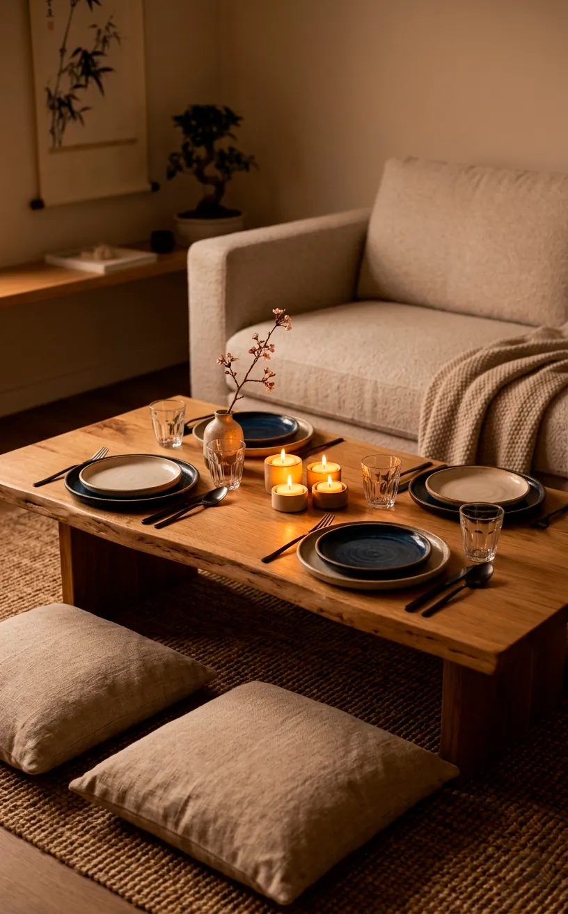 Romantic low-profile floor dining setup with linen cushions and stoneware in a Japandi home.