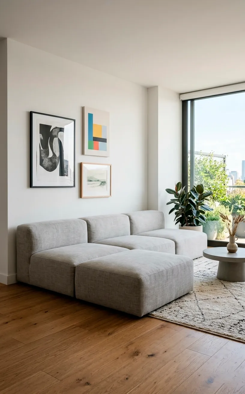 Modular light gray block sofa in a spacious minimalist living room.