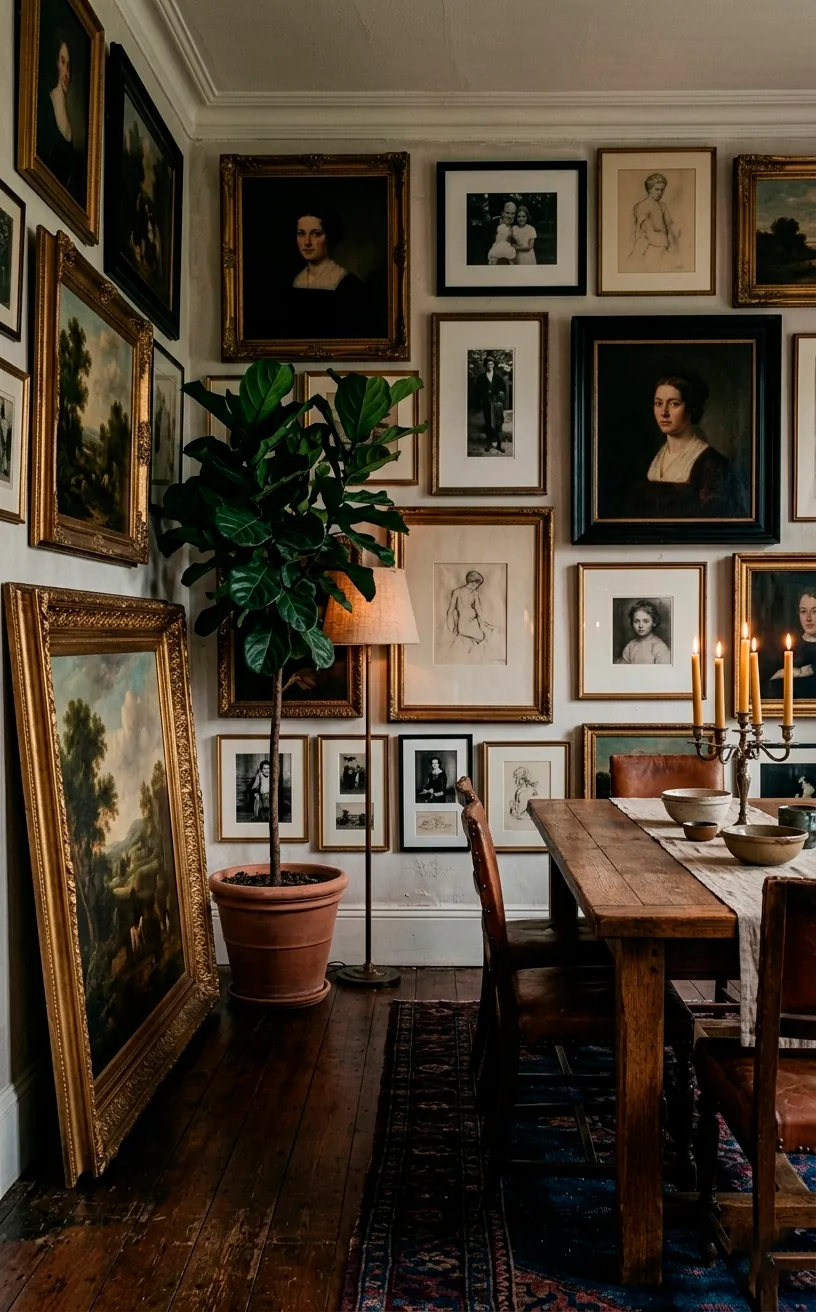 Floor-hugging gallery wall layout with frames hung low and art leaning on the floor.