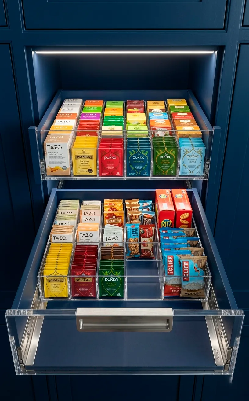 Organized kitchen pull-out drawer with clear acrylic dividers.