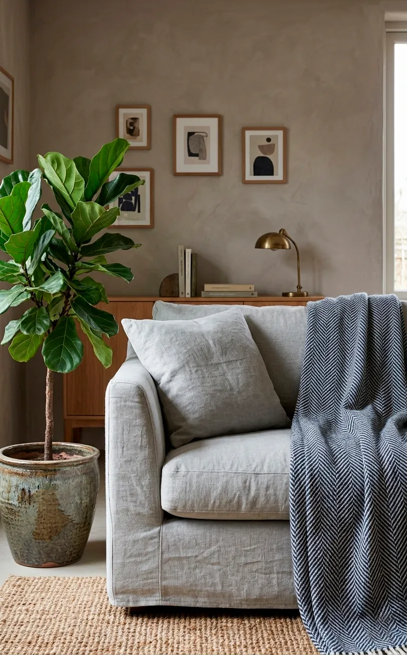 Grey linen sofa with a navy herringbone wool throw blanket.