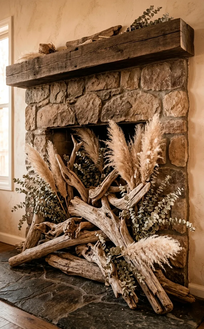 Fireplace decorated with driftwood and dried pampas grass for a boho look.