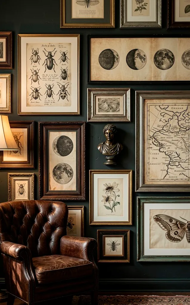 Eclectic dark academia gallery wall with vintage sketches and maps.