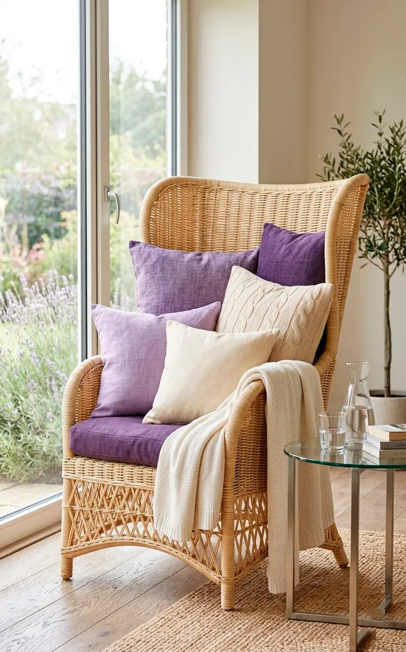 Pale straw wicker armchair with lavender pillows in a sunlit corner.