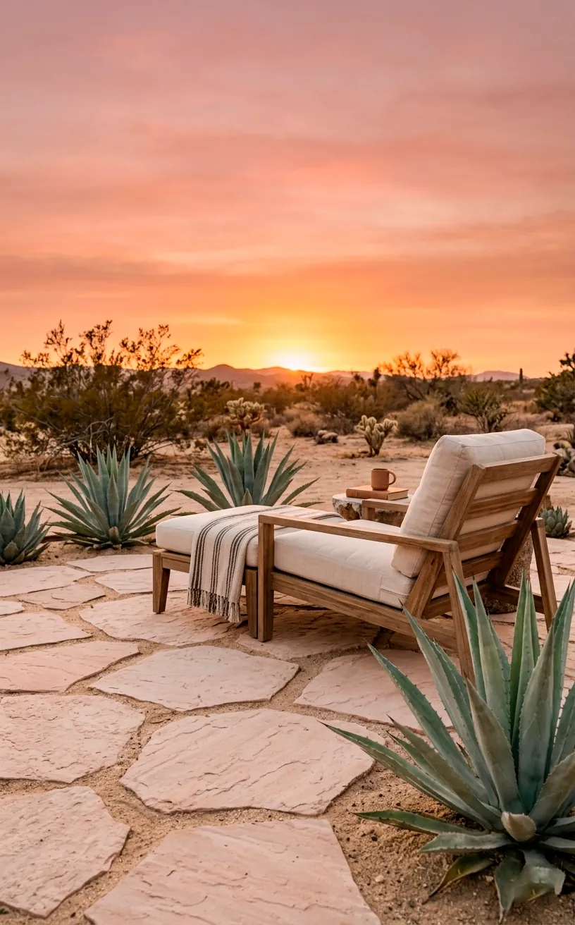 Desert-style patio with pale terracotta pavers, Agave plants, and linen furniture.