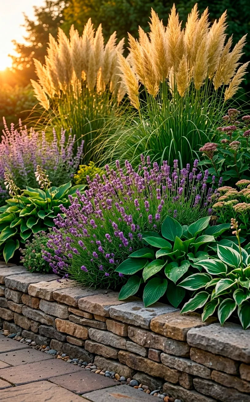 Lush garden border with pampas grass and lavender along a stone wall.