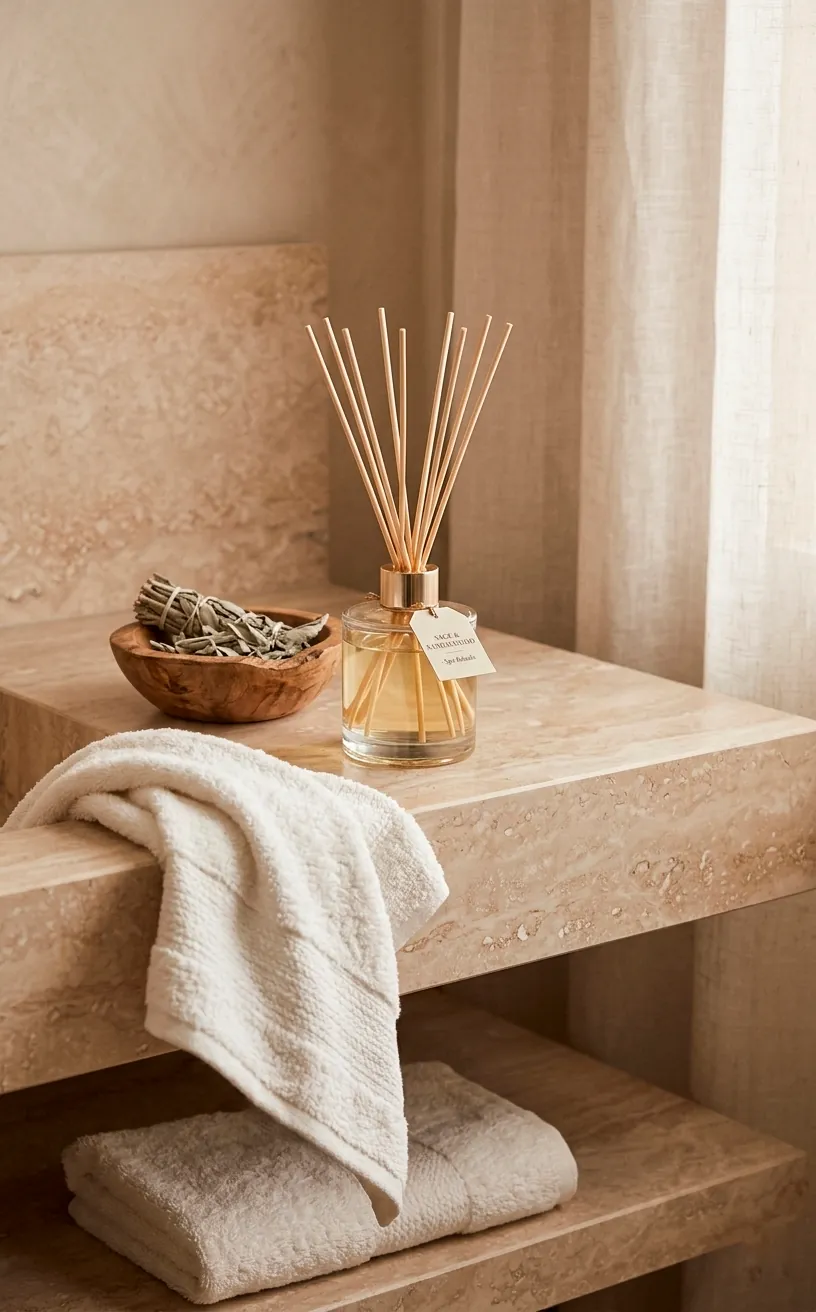 Elegant reed diffuser and herbal accents in a Mediterranean bathroom.