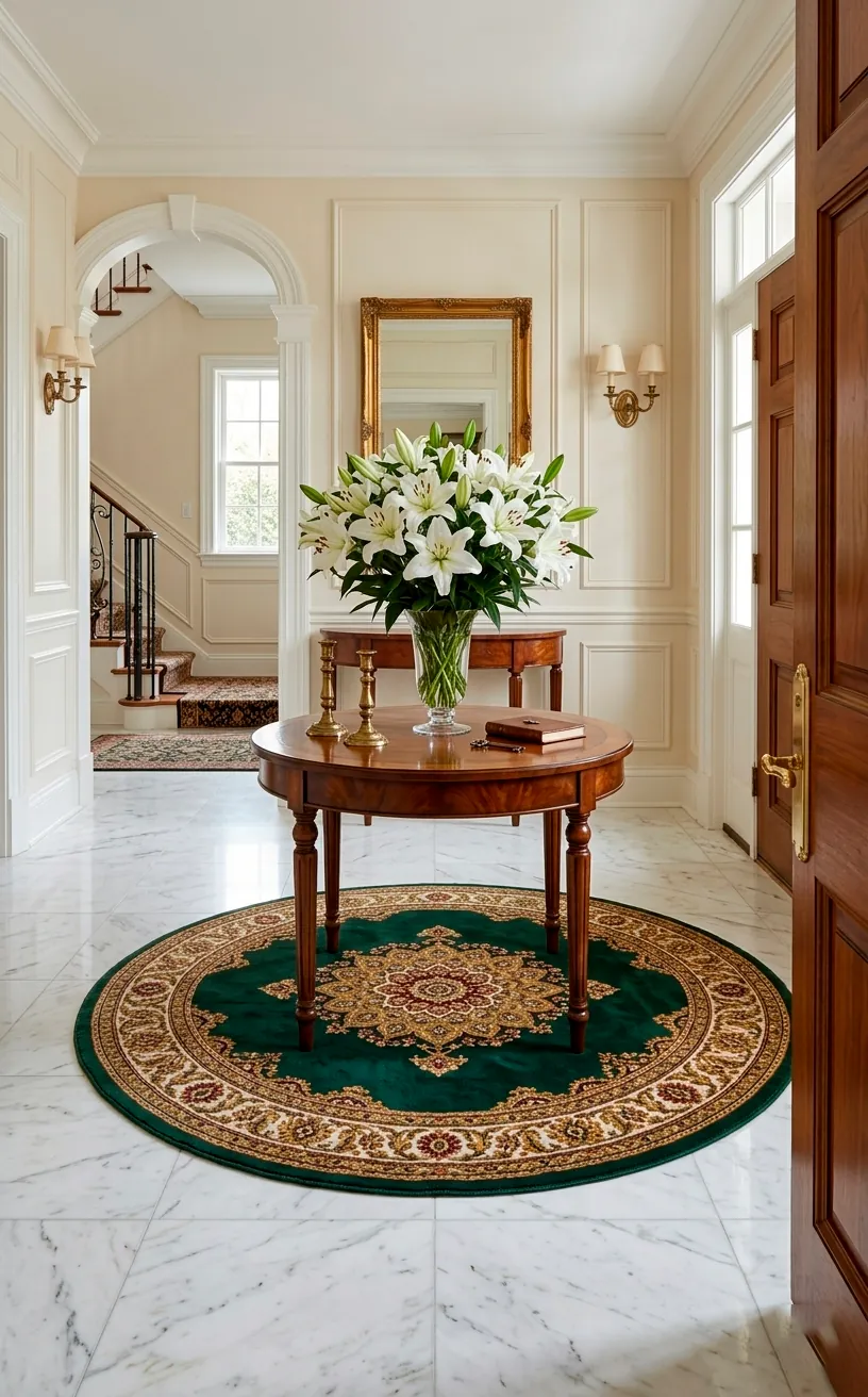 Classic entryway with a round forest green medallion rug and marble floors.