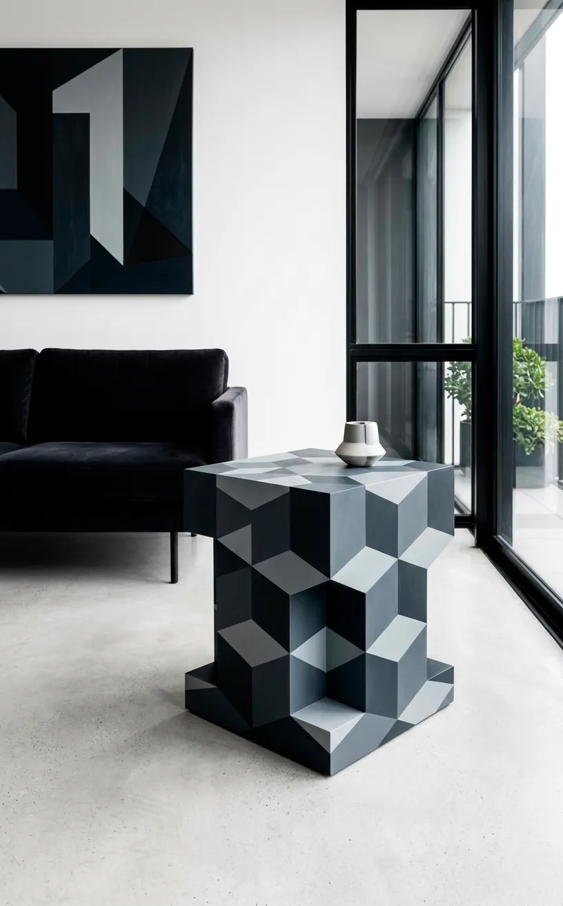 Side table with a 3D isometric cube pattern in shades of grey, creating a visual illusion.