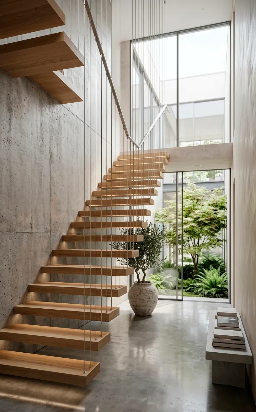 Modern floating oak stairs with steel tension wire railings.