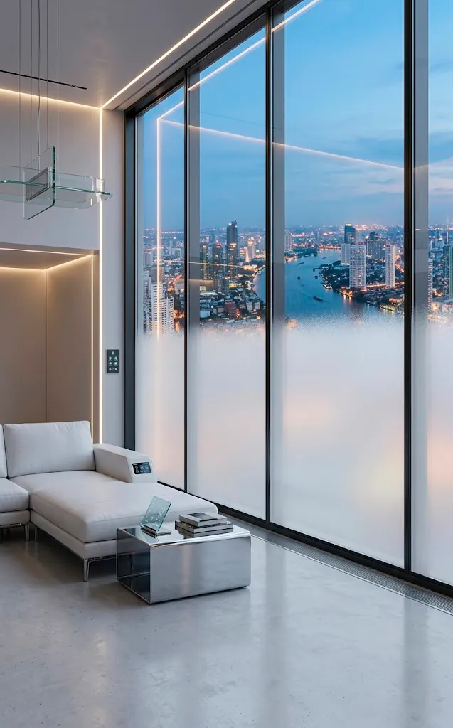 Smart glass windows in a luxury penthouse transitioning from clear to frosted for privacy.
