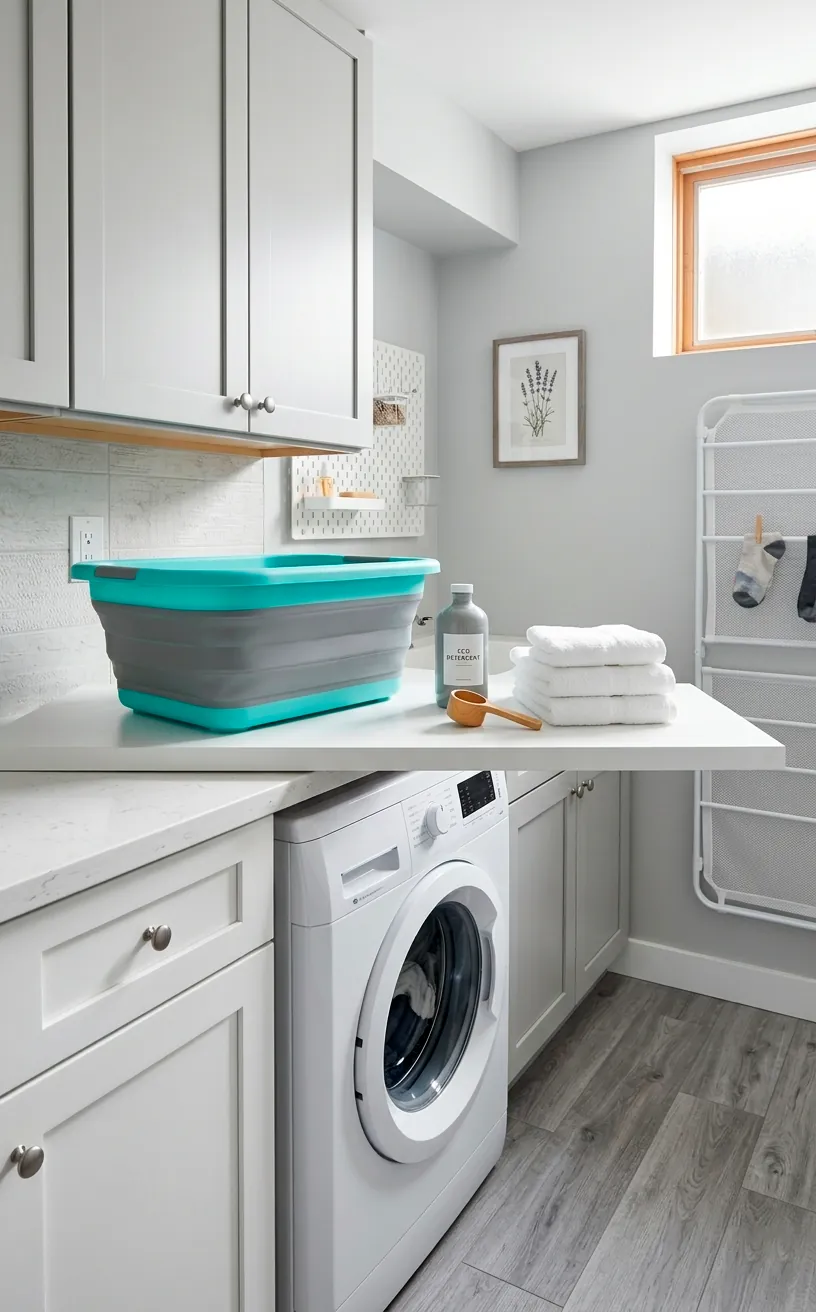 Collapsible silicone laundry bin sitting on a laundry room shelf.
