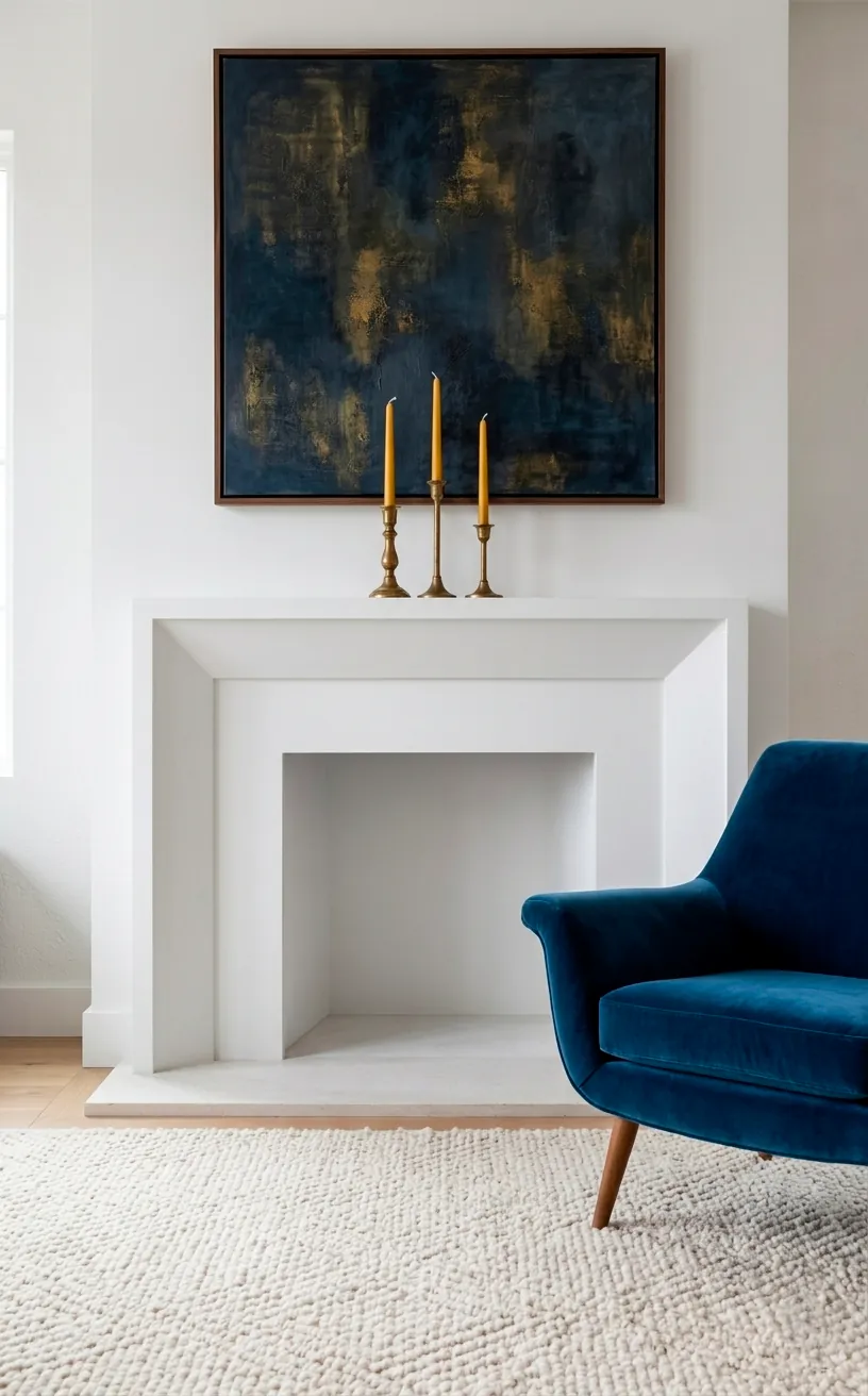 Mustard yellow taper candles in brass holders on a modern white fireplace mantle.