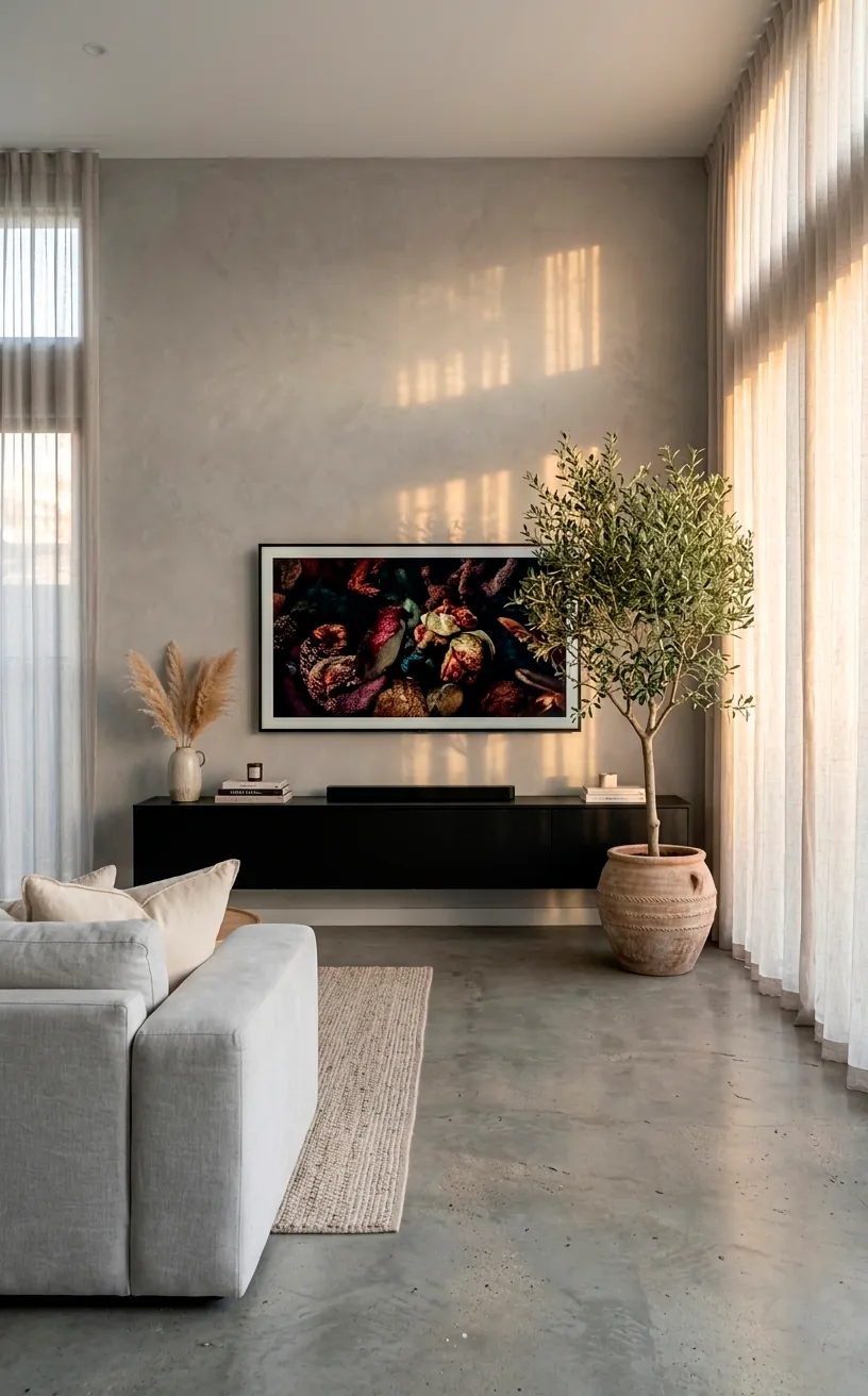 Sleek matte black floating TV console on a grey wall in a modern sunlit living room.