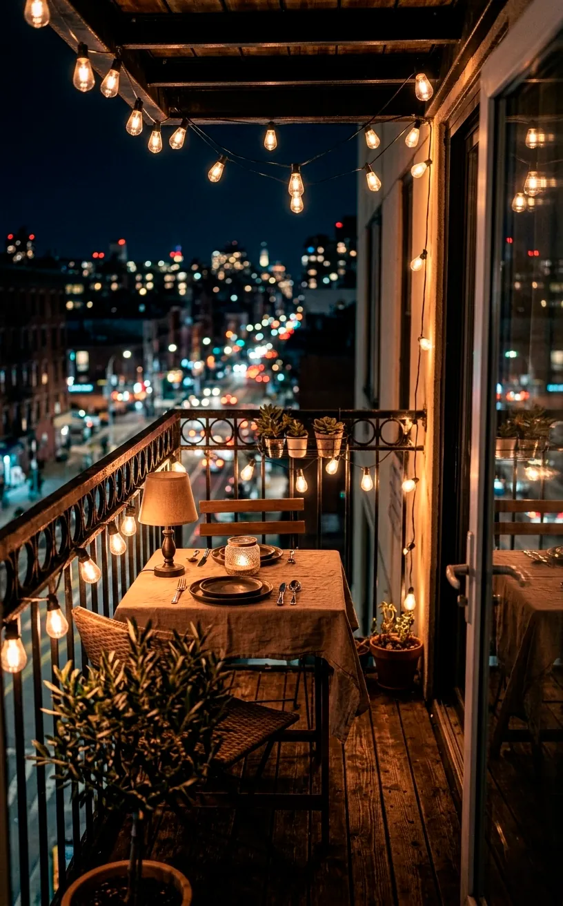 Romantic balcony at night with warm Edison string lights draped over a wooden dining set and city views.