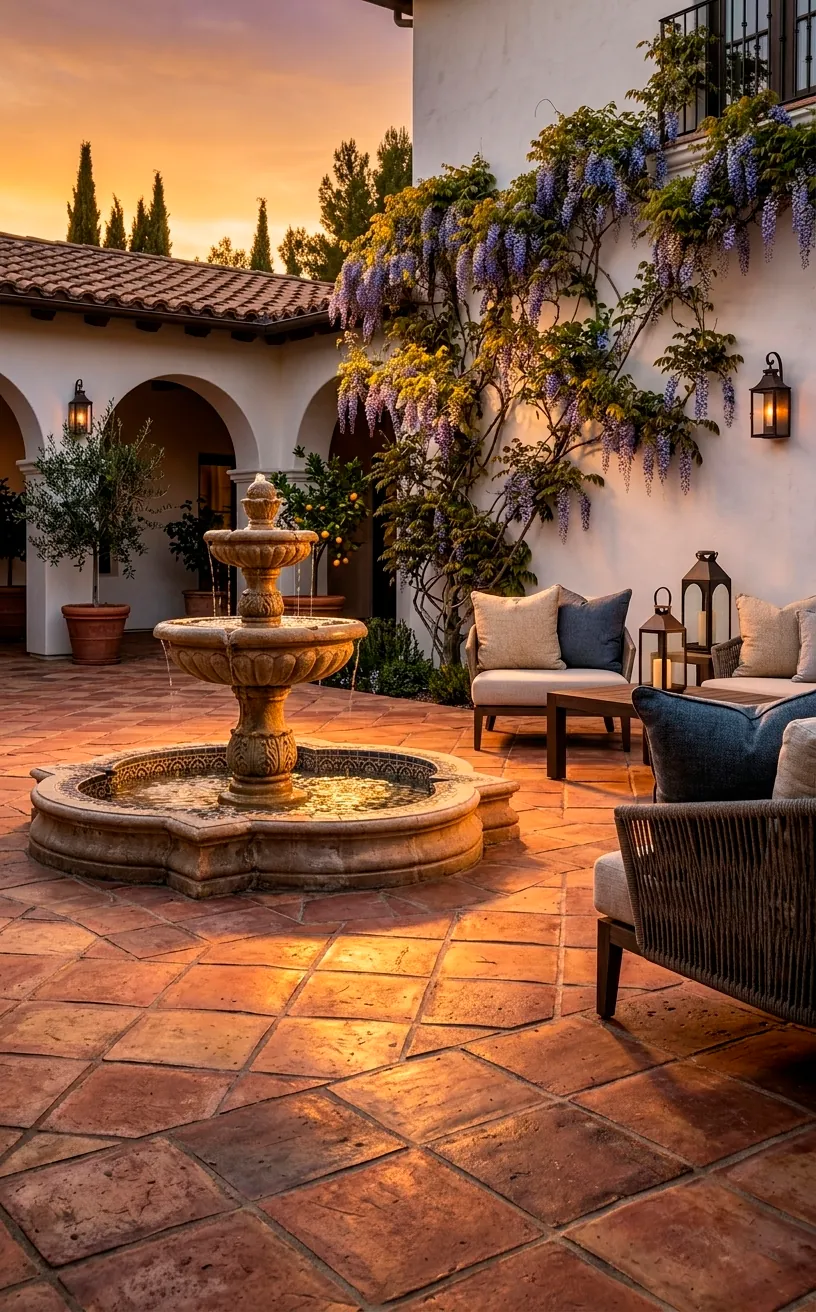 Luxury Spanish-style courtyard with terracotta pavers and a stone fountain at sunset.