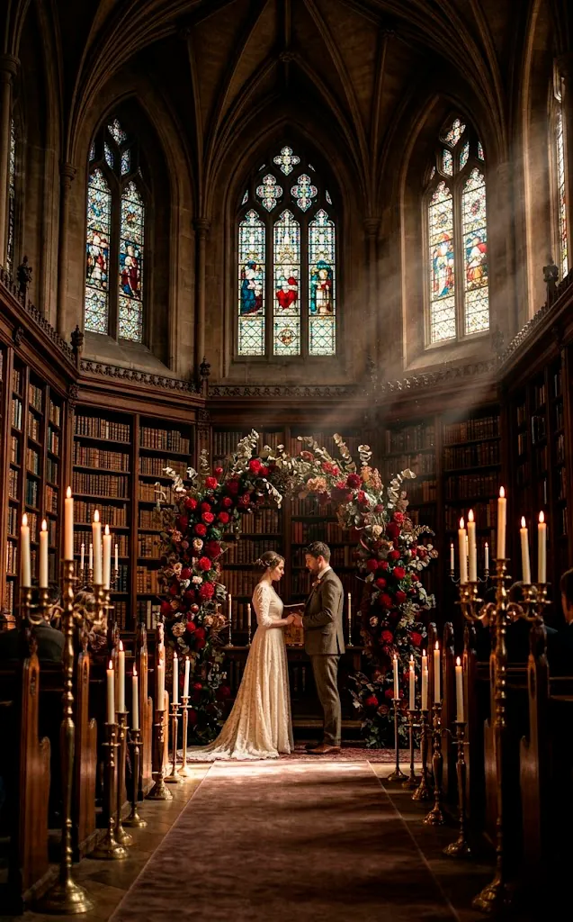 A realistic hero shot of a dark academia wedding altar in a gothic library with books and candles.