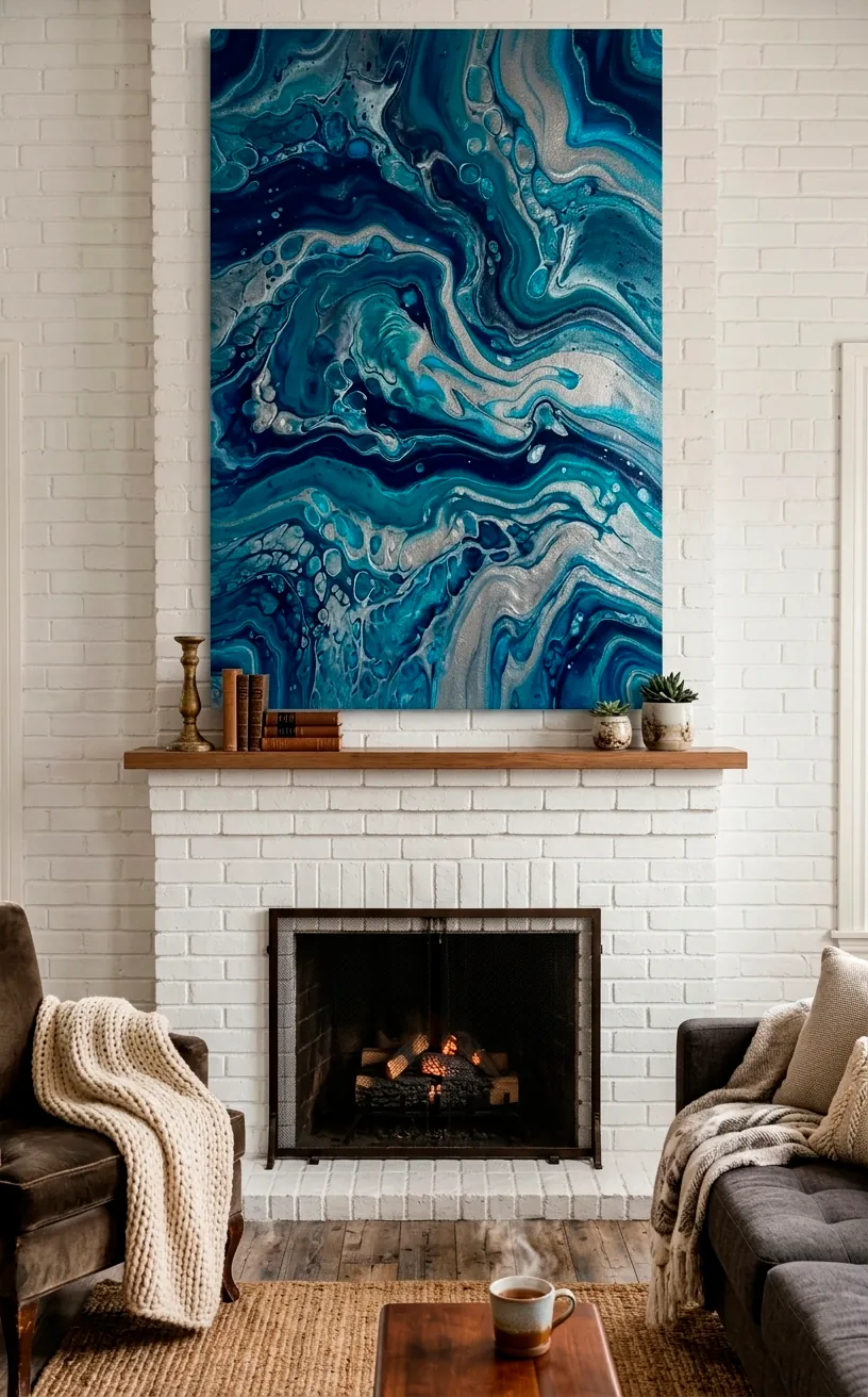 Large blue and silver fluid pour abstract art hanging above a white brick fireplace.