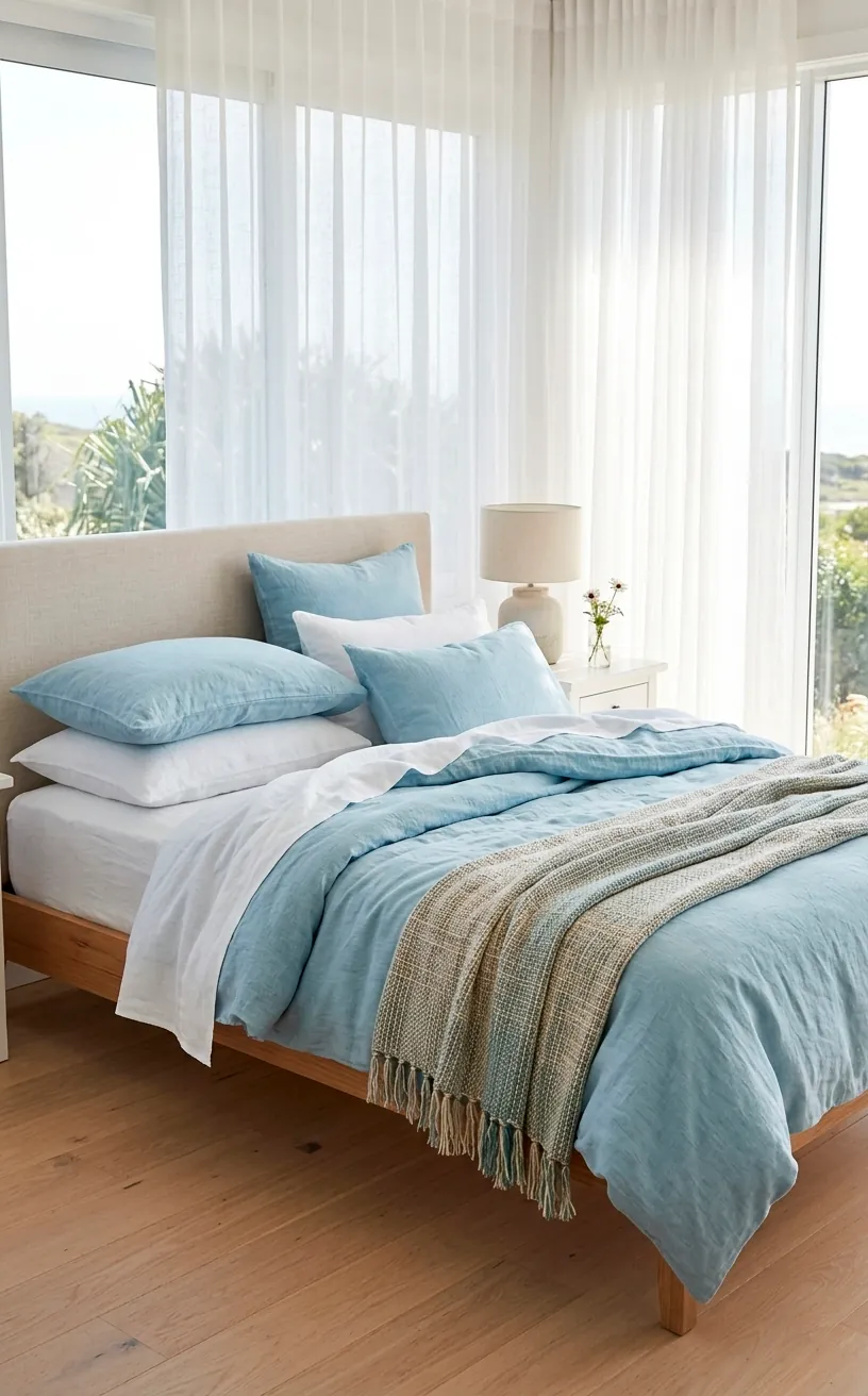 Guest bed with breezy light blue linen sheets and white pillows in a sunlit room.