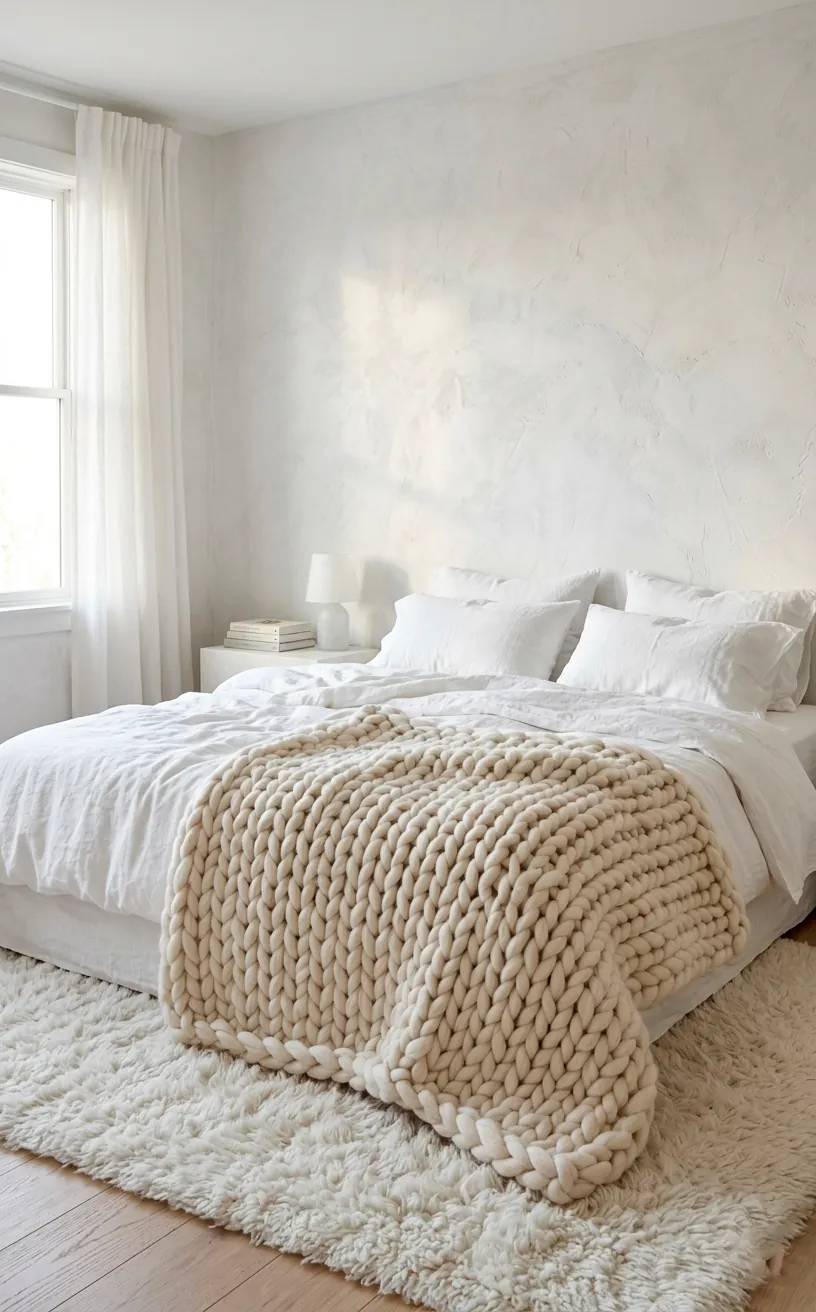 Luxurious minimalist bedroom featuring heavy textures like chunky wool and rumpled white linen sheets.