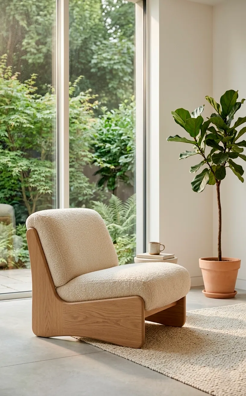 A sculptural oak and cream lounge chair in a sunny minimalist living room.