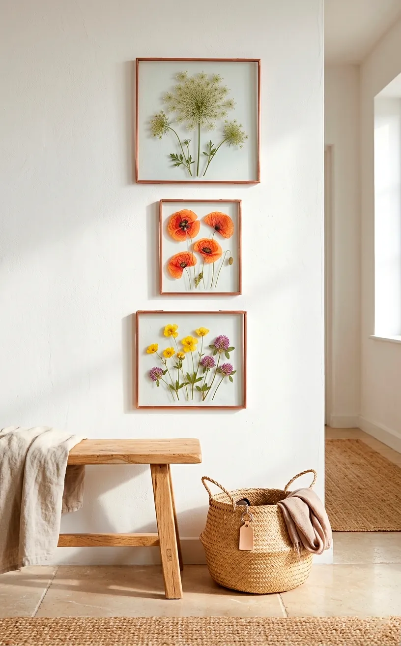 Set of three copper floating frames with pressed spring wildflowers on a white entryway wall.