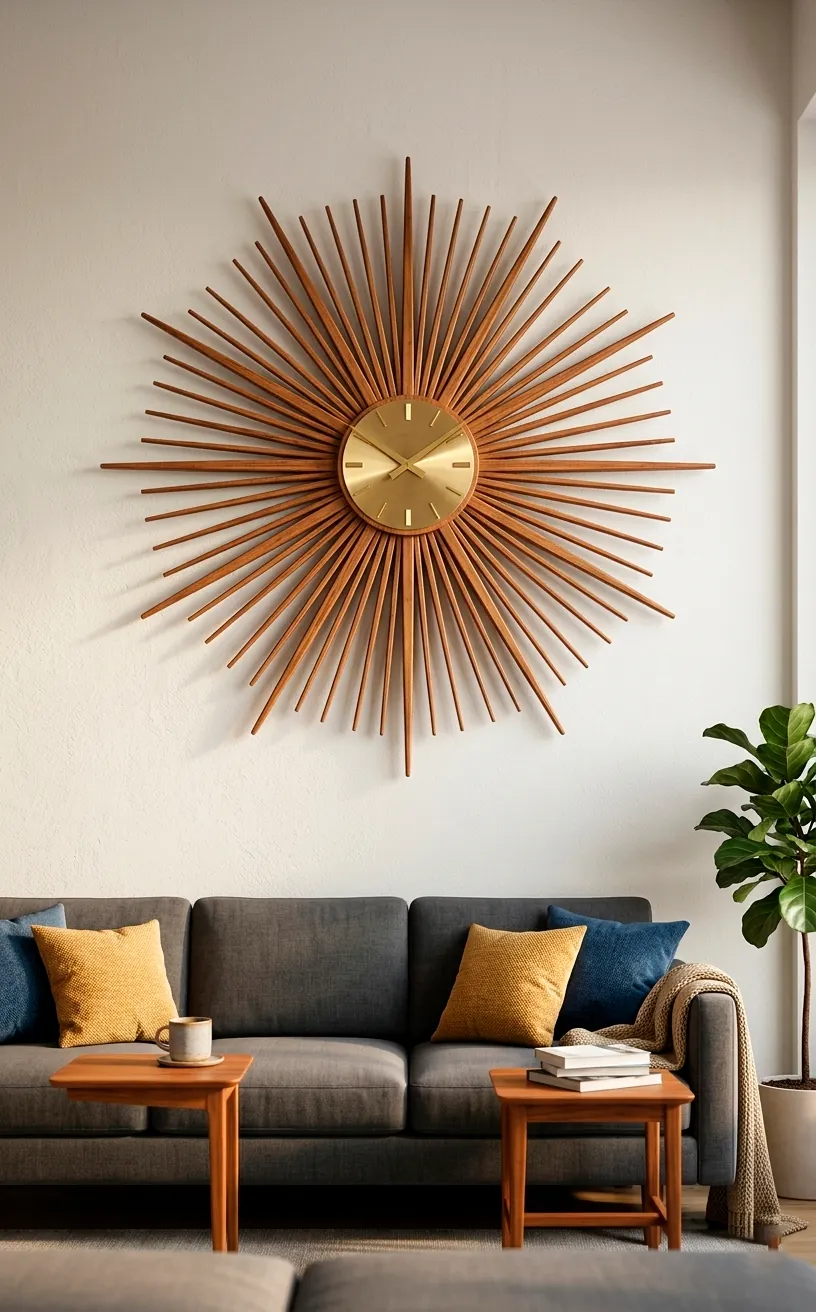 Large teak wood sunburst clock hanging on a living room wall above a modern sofa.